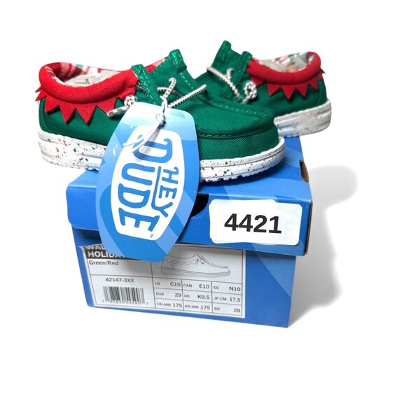 Hey Dude Wally T Holiday Elf Toddler Shoes C8 Green Red Christmas Slip On Lightw - Picture 12 of 15
